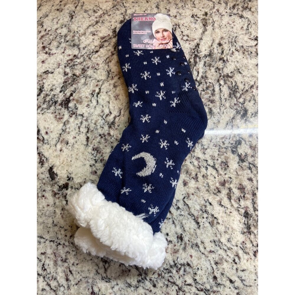 Thermo Sherpa Lined Slipper Sock Size 38-42 Navy Snowflake Non-Slip Fleece Cozy
